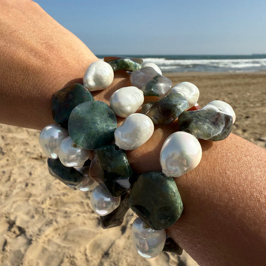 Ethereal Stacks - Agate (India) & Baroque Pearl Energy Stone Bracelets